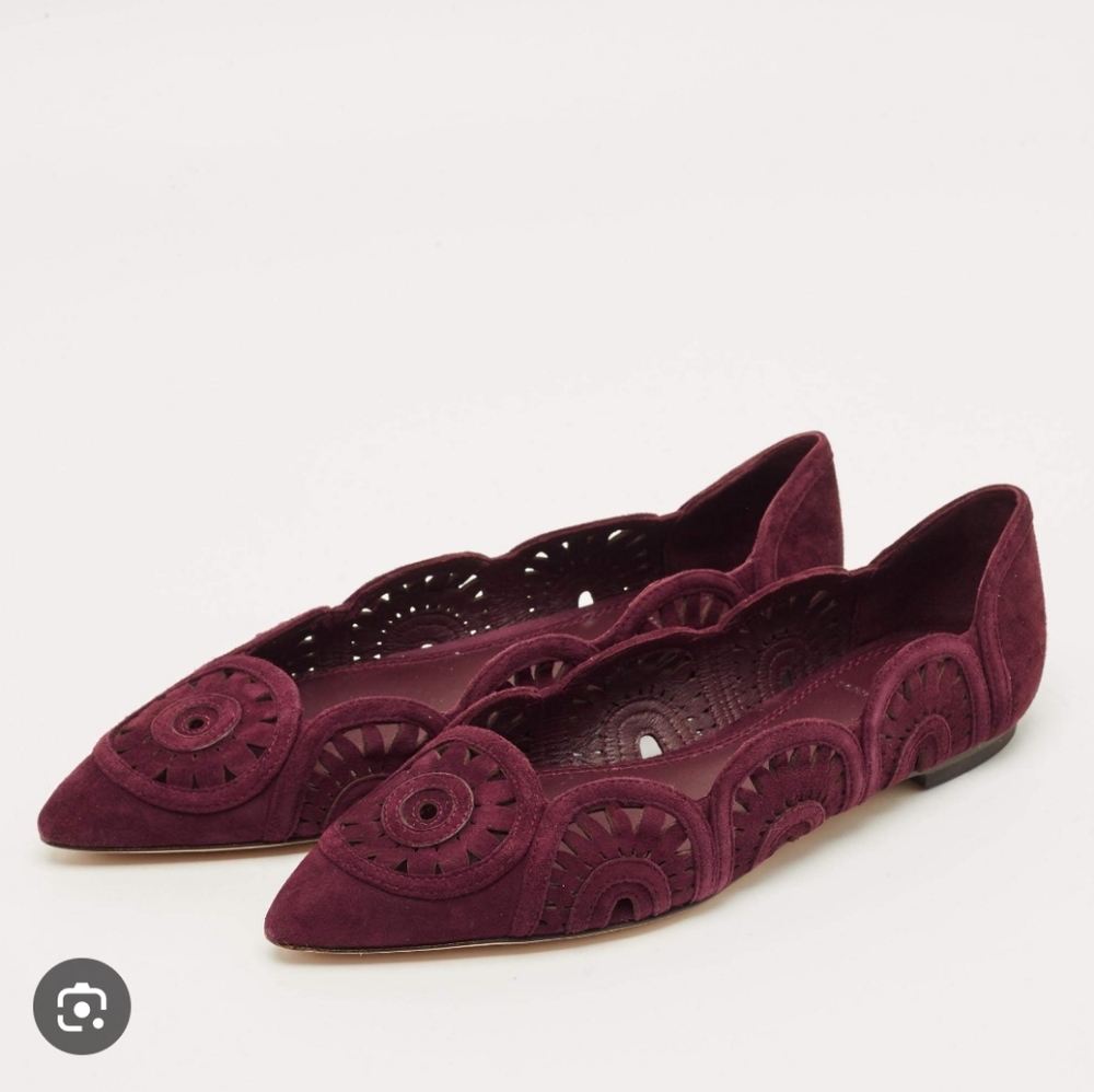 Tory Burch Leyla Burgundy Suede Laser Cut Pointed Toe Ballet Flats - Picture 11 of 11